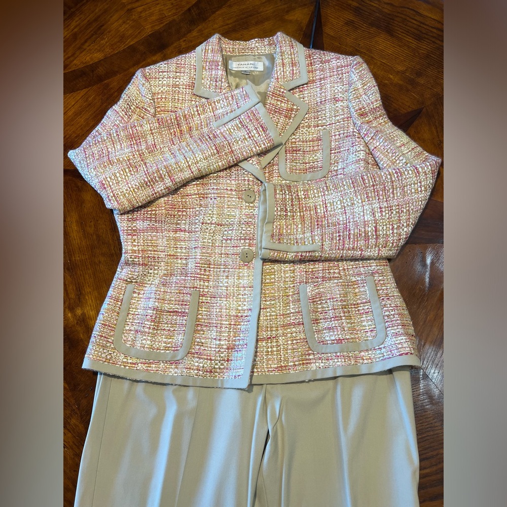 Multi Colored Pink And Beige Tweed Pant Suit Set - image 1